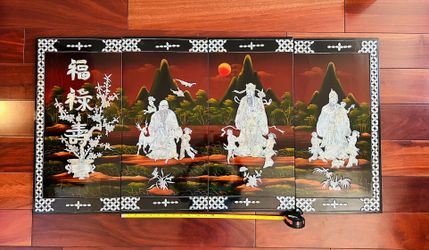 Vintage Exquisite Chinese Lacquer Panels w/ Mother-of-Pearl Inlay (Set of 4)- God of Happiness- Windfall- Longevity 