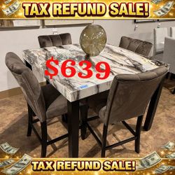 5 Piece Counter Height Faux Marble Top  Dining Table Set 45" X 45" X 36" H 