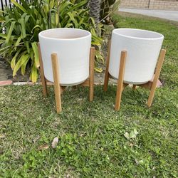 White Cylinders With Wood Stand-Modern Planters ($55 each)