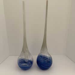 Set of 2 Hand-Blown Blue Swirl Glass Vases – Tall Decorative Art Pieces