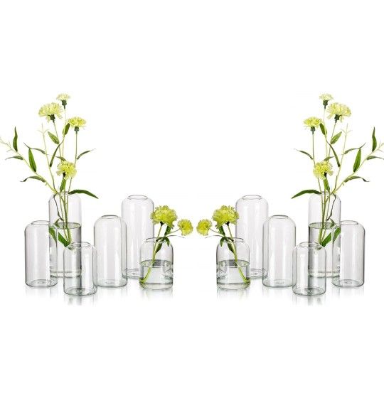 Glass Bud Vases for Flowers - Hewory Blown Modern Small Glass Vases for Centerpieces Set of 12