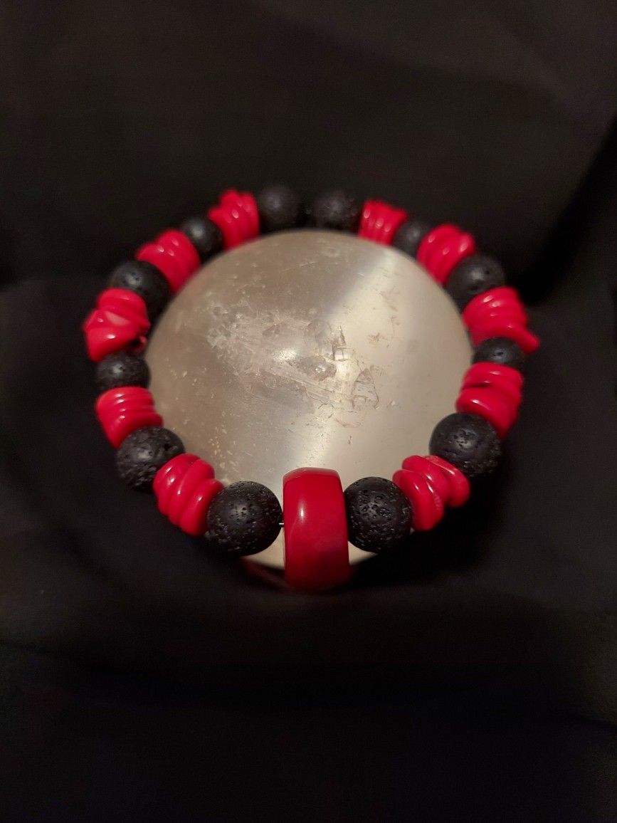 Black Lava Rock And Red Coral Healing CRYSTAL Bracelet