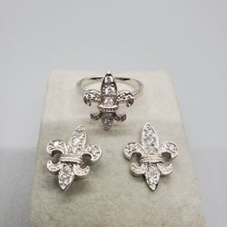 Sterling Silver 925.  Fleur De Lis Ring And Earrings Set