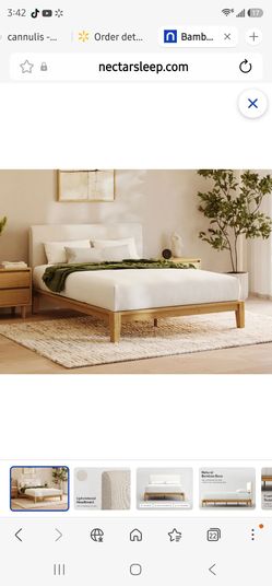 Nectar Bamboo Platform Bed Frame  With Linen Upholstered Headboard- King - Natural - Floating Center Support Legs - 12” Height - Easy Tool Free Set Up