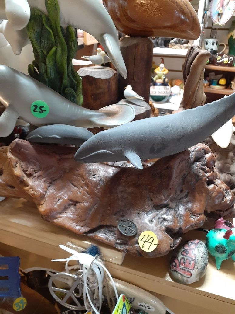 John perry collectible double whale statue on his signature wood base