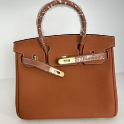 Brand New Leather Burnt Orange Top Handle Handbag (With Removable Shoulder Strap, Bag Charm, & Scarf)