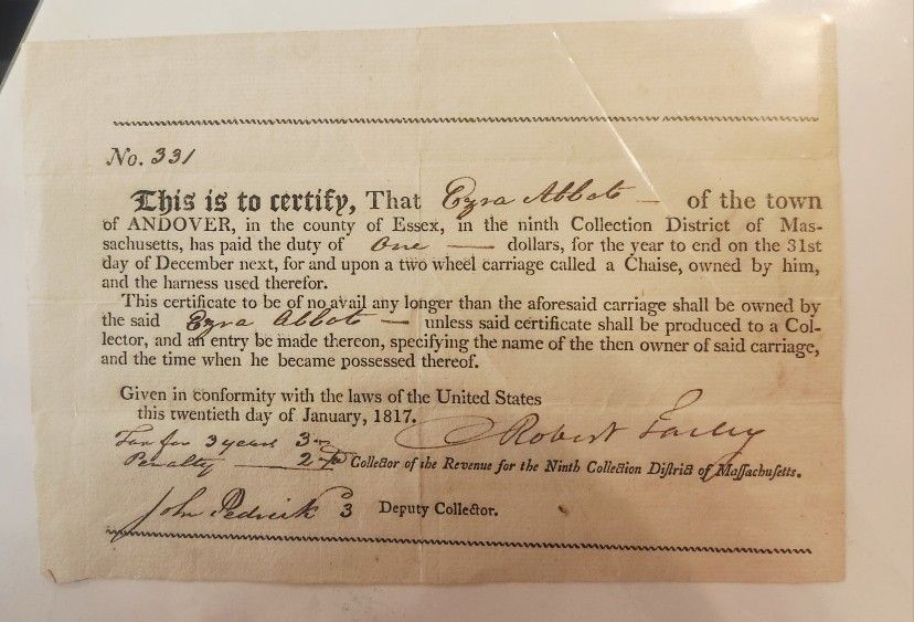 1817 Andover Mass Duty Receipt For Chaise Re: Ezra Abbots 