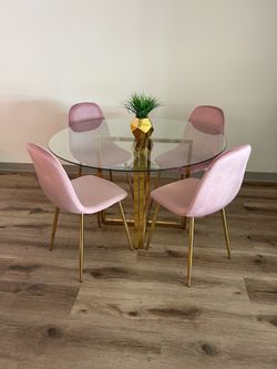 Modern Pink Glass Round Dining Table Set