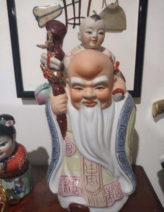 Vintage Chinese Shou Xing God of Longevity Porcelain Figurine 13" tall.