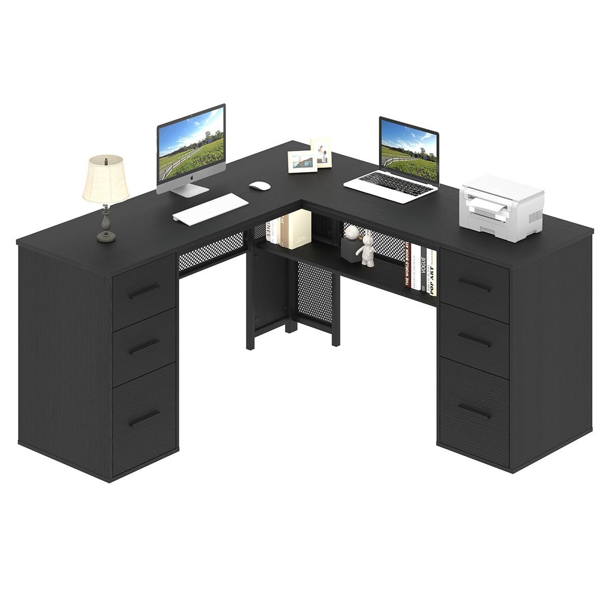 Black L Shaped Desk with File Drawers Shelves, Reversible Corner Metal Wood Computer Desk with Storage Cabinet, Modern Large Executive Work