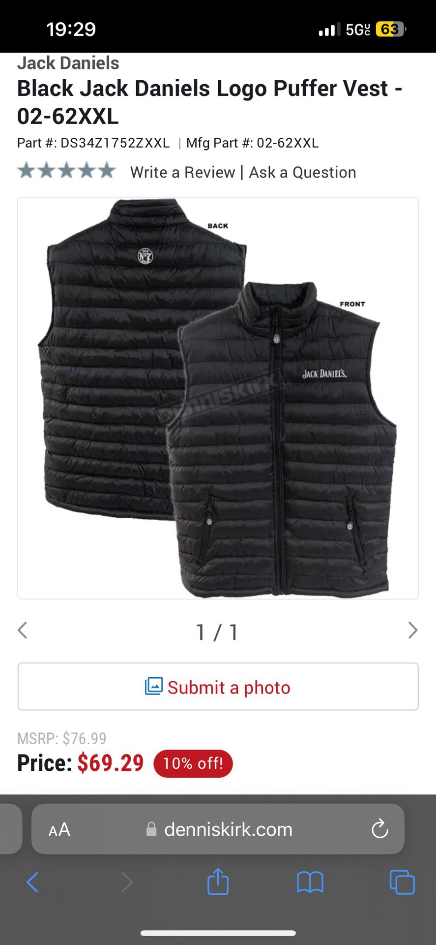 New Jack Daniel’s Puffer Vest XL