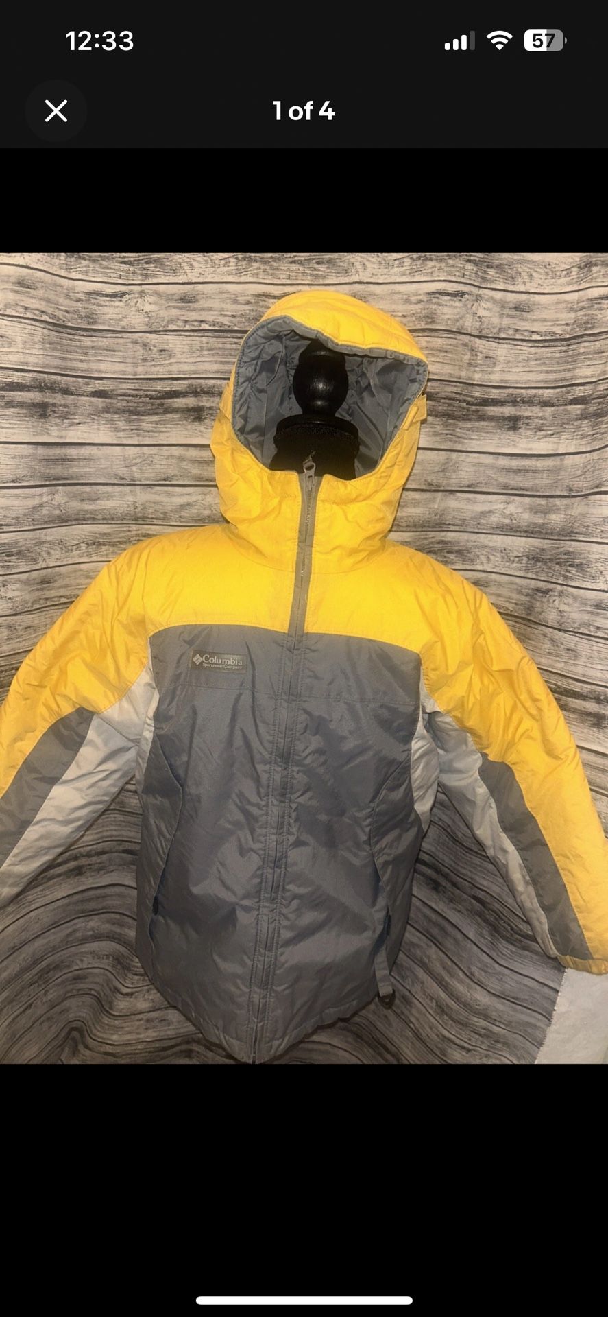 kids columbia ski jacket, yellow/grey