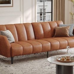 Faux Leather Couch, Convertible Futon Sofa Bed with Adjustable Backrest, Mid Century Leather Sofa Loveseat with Side Pockets& Metal Leg, Modern Leathe