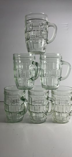 Vintage Anchor Hocking Green Glass Root Beer Handled Barrel Mugs Set Of 6