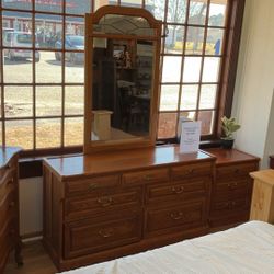 Vintage Solid Wood Dresser with Mirror & Nightstand