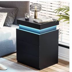 ADORNEVE Nightstand with Charging Station and LED Lights,Night Stand with Sliding Top,Bedside Table with Drawers,Modern End Side Table for Bedroom,Bla