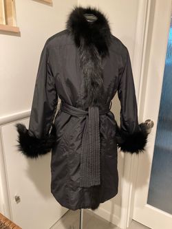 Dana Buchman black faux fur lined long wrap coat
