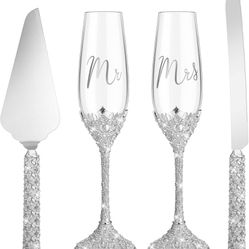Sratte 4 Pcs Wedding Cake Knife and Champagne Flutes Server Set, Toasting Crystal Rhinestone Champagne Flutes Glasses Cake Knife Pie Server Wedding Gi