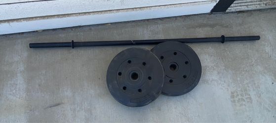 Two 15-pound standard vinyl weight plates..