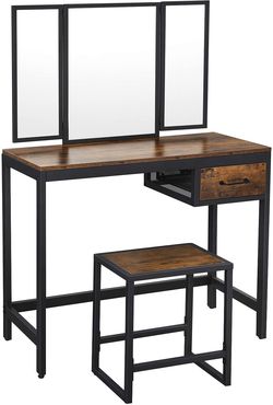 Vanity Table Set, Makeup Table with Stool, Tri-Fold Mirror, 1 Drawer, Industrial, Rustic Brown and Black