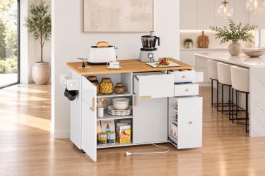 53'' Kitchen Island with Drop Leaf & Wheels  and Pull Out Rack Organizer, Rolling Kitchen Cart L-4