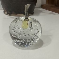 Vintage Small Apple Paperweight Art Glass Controlled Bubbles Brass Stem And Leaf