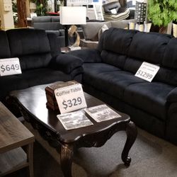 Brand New Black Padded Suede Manual Reclining Sofa + Loveseat 2PCs Set