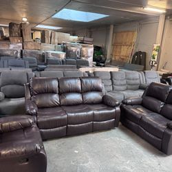 3 Pieces Recliner Sofa Sets Bonded Leather Lounge Chair Loveseat Reclining Couch for Living Room - Chocolate