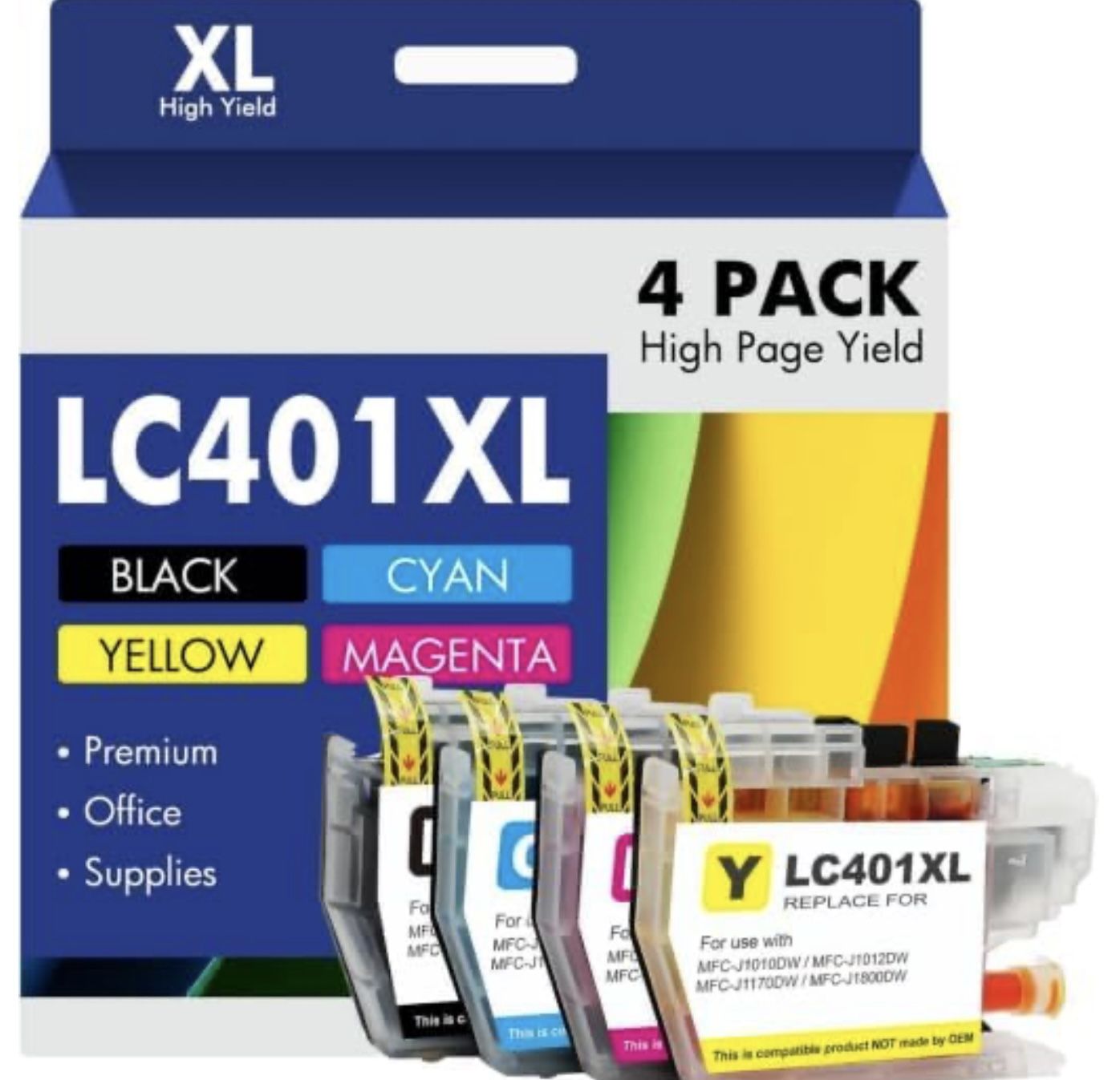2 High Yield Ink Cartridges. LC401XL Black, 1 x Cyan LC401XL, 1 x Magenta LC401XL, 1 x Yellow LC401XL, 2 Pack.