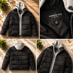 Kenneth Cole New York black puffer jacket with gray hood, size M #winterjacket #outerwear
