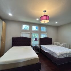 2 Matching Full Size Upholstered Purple Bed Frames – Tufted Headboards