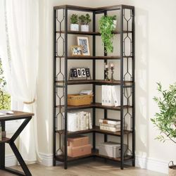 new assembled Corner Shelf, 7-Tier Industrial Corner Bookshelf, Wood and Metal Corner Etagere Bookcase, Freestanding Display Shelf for Living Room, Ki