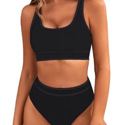 BMJL Women's High Waisted Bikini Sets Sporty Two Description Piece Swimsuits Color Block Cheeky High Cut Bathing Suits Solid Color X-Large Solid Black