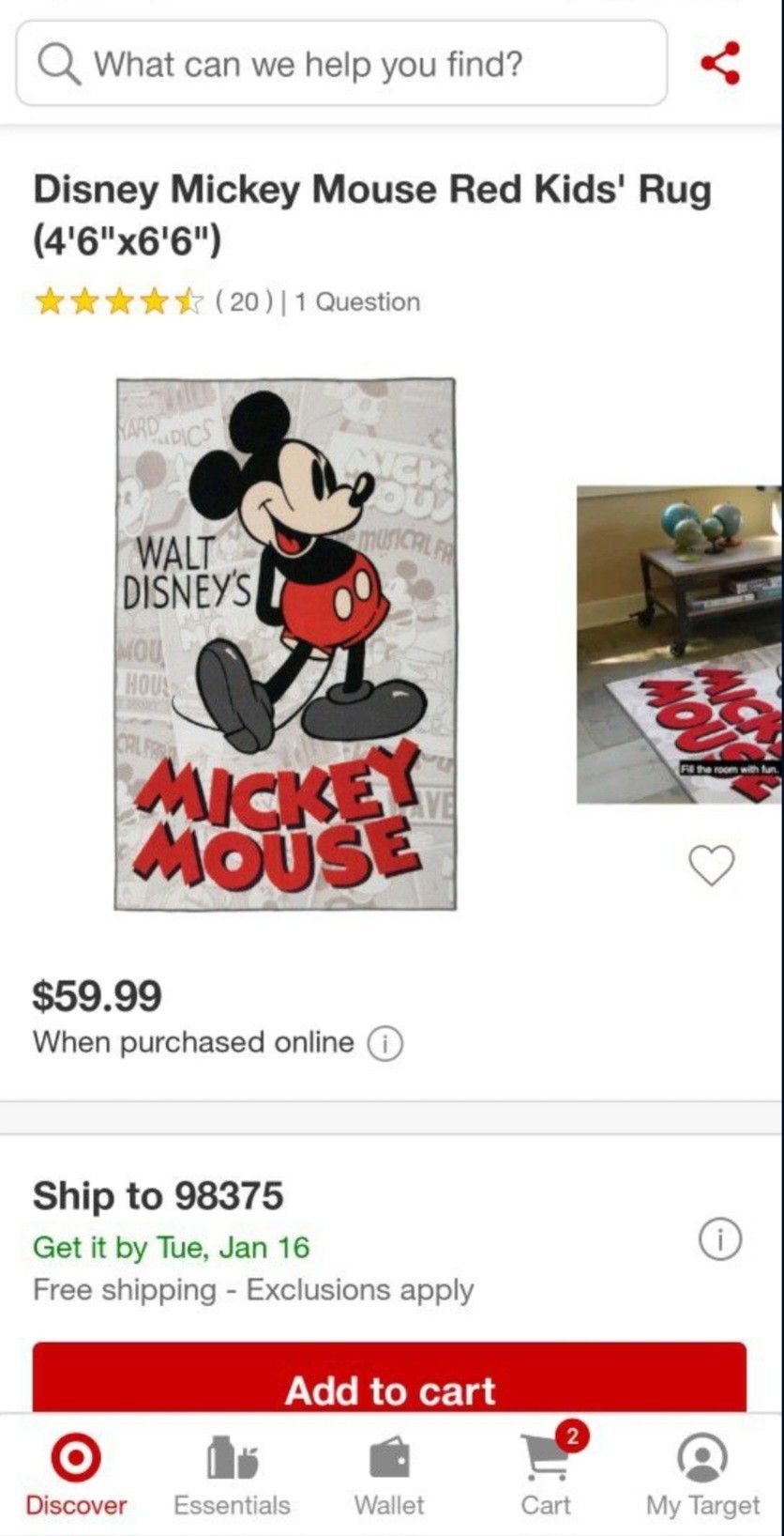 Good Used Disney Mickey Mouse Kid Rug Classic Red Target Boy Room Nylon Flat Pile 4'6"x6'6" Big