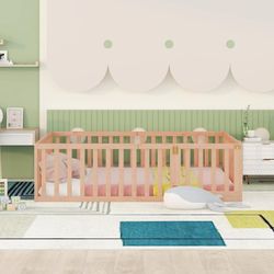 New Natural Full Floor Bed With Fence