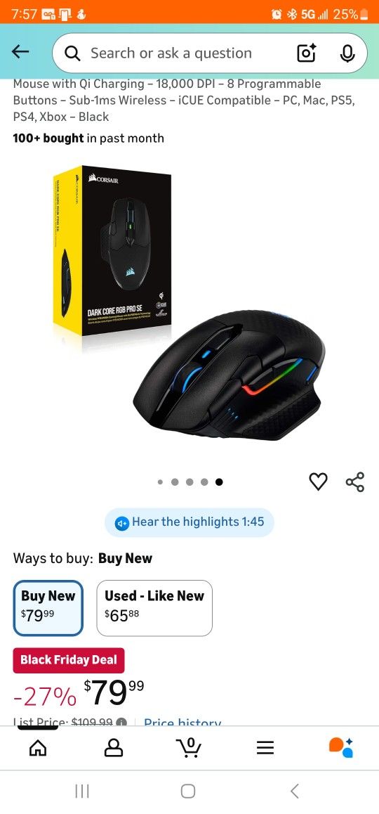 Corsair Dark CORE RGB PRO SE Wireless FPS/MOBA Gaming Mouse 