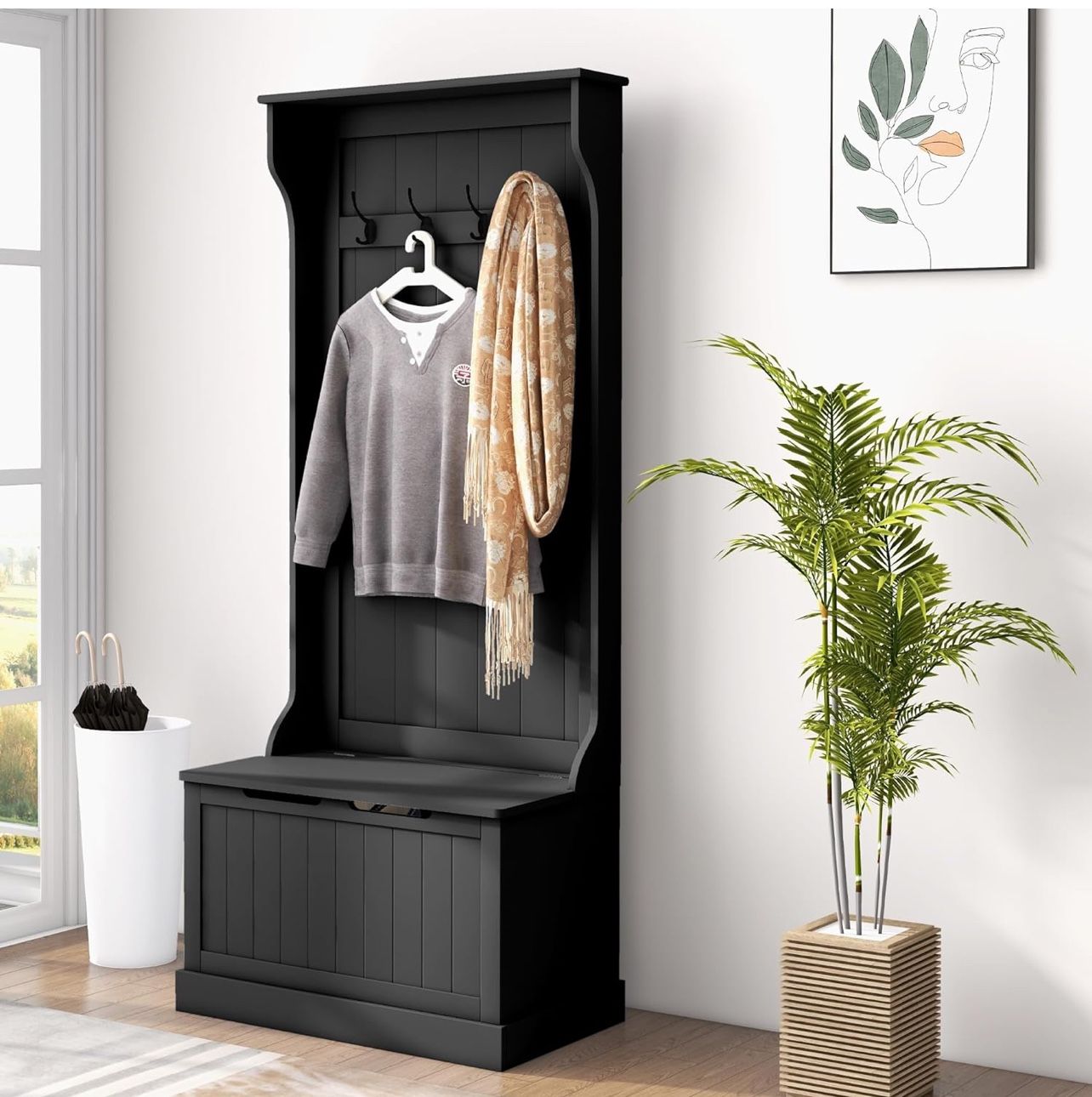 28" 3-in-1 Entryway Hall Tree with Storage Bench, Coat Rack with Four Hooks and Shoe Storage, Black New in Box Retail $265