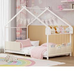 Timy House Shape Twin Size Montessori House Bed Metal Floor Bed with Storage Rack and Caddy Twin Bedframe for Kids No Box Spring Needed White