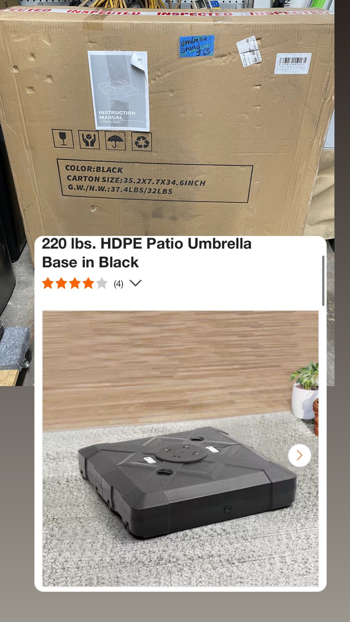 220 lbs. HDPE Patio Umbrella Base in Black, base de sombrilla $65