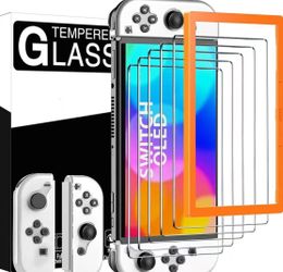 5 Pack Tempered Glass Screen Protector for Nintendo Switch OLED Model 2021, with 2 Pack Clear Joy Con Soft Case, Alignment Frame Accessories for Ninte
