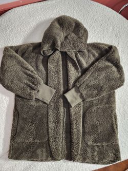 Poem & Thread Sherpa Hoodie One Size Beige Open Front Fleece Cardigan Oliva Gree