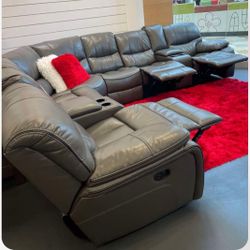 Summer sale event. Madrid gray leather reclining sectional now $1599. Easy finance option. Same-day delivery.
