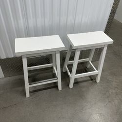 White Wood Backless Counter Bar Stools - Set Of 2 Chairs