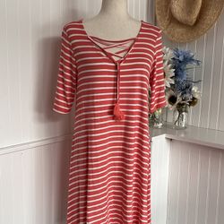 Coral & White Striped Lace Up Short Sleeved Summer Dress 