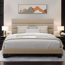 Queen Platform Bed Frame with Fabric Upholstered Headboard and Wooden Slat Support, No Springs Required