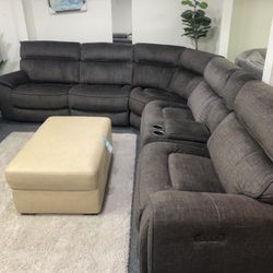 Furniture- High Performance Fabric 6 Pc Sectional With 3 Power Recliners- Hutchenson 