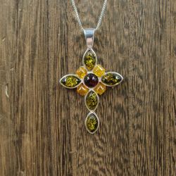 18" Sterling Silver Three Types Of Amber Cross Pendant Necklace Vintage

