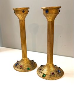 Pair of Gold Candlesticks with Jewel Accents