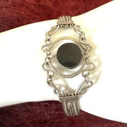 Vintage Silver Tone & Onyx Filigree Braided Semi Bangle Cuff Bracelet 