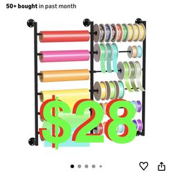 Double 6-Tier Ribbon Storage Organizer, Large Capacity Wall Mount Ribbon Organizer with 12 Removable Rods, Gift Bag Yarn Storage Holder for Craft Room